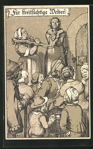 Lithographie Strafen im Mittelalter, Für streitsüchtige Weiber