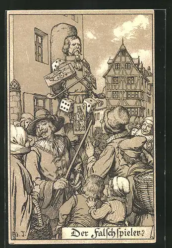 Lithographie Strafen im Mittelalter, Der Falschspieler