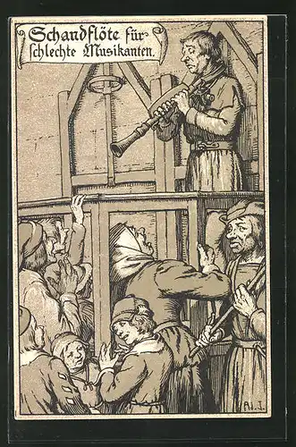 Lithographie Strafen im Mittelalter, Schandflöte für schlechte Musikanten