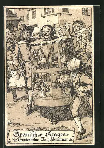 Lithographie Strafen im Mittelalter, Spanischer Kragen für Trunkenbolde und Nachtschwärmer