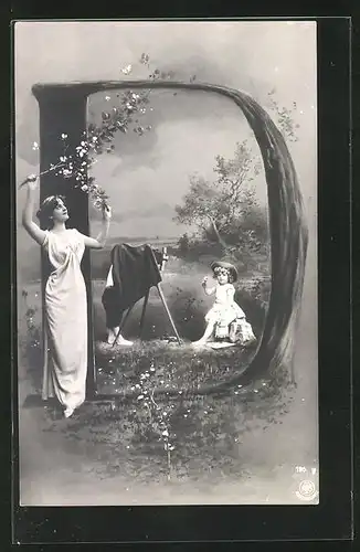 AK Mädchen posiert vor einem Fotoapparat im Buchstaben D