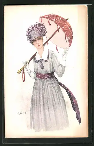 AK Frau mit Schirm, lila Kleid und Hut