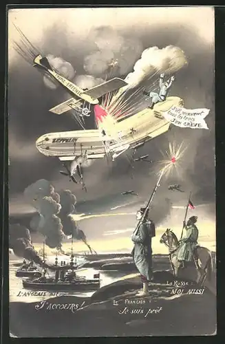 AK Zerstörung eines Zeppelins über dem Feindesland mit Russe, Franzose und Briten