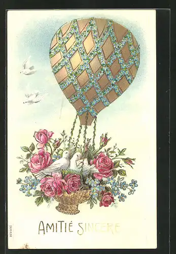 Lithographie Ballon im Blumenschmuck mit Tauben in der Gondel