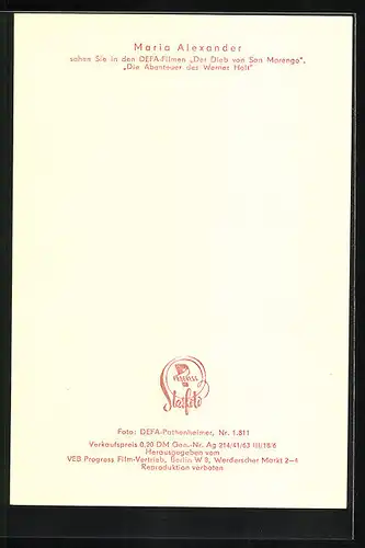 AK Schauspielerin Maria Alexander spielte u.a. im Film Der Dieb von San Marengo