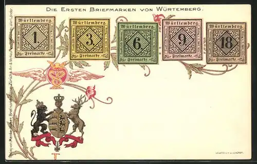 Lithographie Die ersten Briefmarken von Württemberg und Wappen