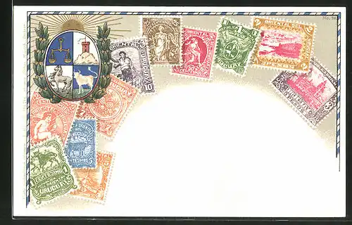 Präge-Lithographie Uruguay, Briefmarken und Wappen