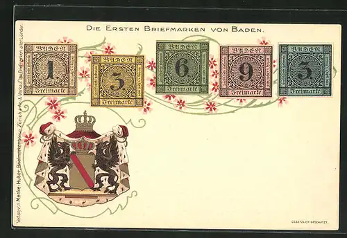 Lithographie Die ersten Briefmarken von Baden, Wappen