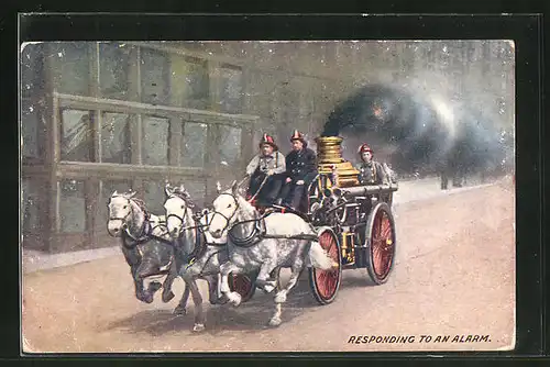 Künstler-AK Responding to an Alarm, Feuerwehr im Pferdewagen