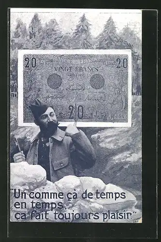 AK Soldat im Schützengraben und 20 Francs Geldschein