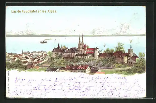 Lithographie Neuchatel, Künzli Nr. 5016: Lac de Neuchatel et les Alpes, Berg mit Gesicht / Berggesichter