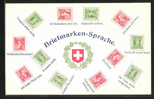 AK Erklärung der Briefmarkensprache, Schweizer Wappen im Kranz aus Lorbeer und Eichenlaub