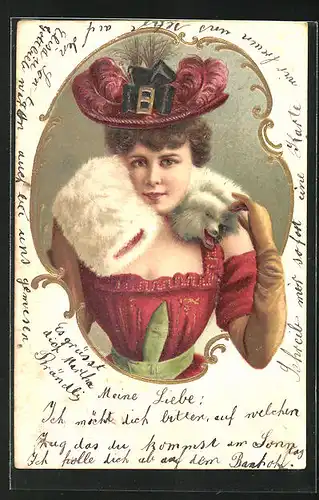 Präge-AK Elegante Dame mit grossem Hut und weissem Pelz, Halbportrait, Jugendstil