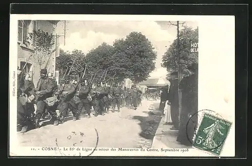 AK Cosne, Le 85e de Ligne au retour des Manoeuvres du Centre, Septembre 1908