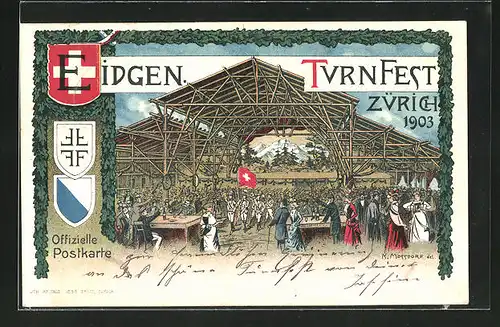 AK Zürich, Eidgen, Turnfest Zürich 1903, Wappen, Menschenversammlung