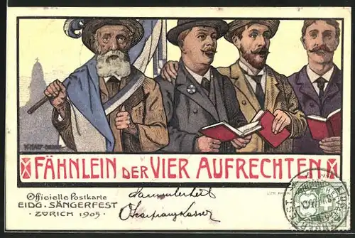 Künstler-AK Zürcih, Eidg. Sängerfest 1905, Fähnlein der Vier Aufrechten, Männer mit Gesangsbüchern