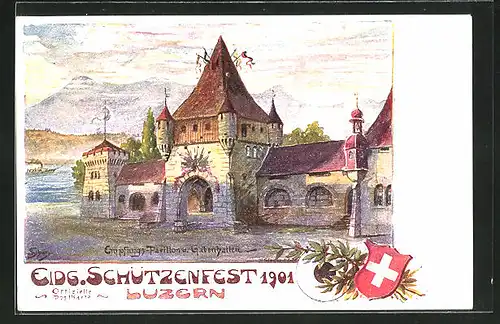 Künstler-Lithographie Luzern, Eidg. Schützenfest 1901, Empfangspavillon und Gabenhallen