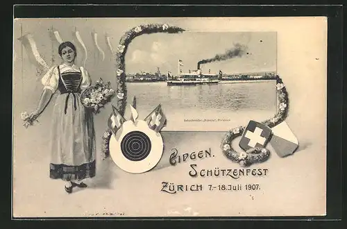 AK Zürich, Eidgen. Schützenfest 1907, Salondampfer Helvetia