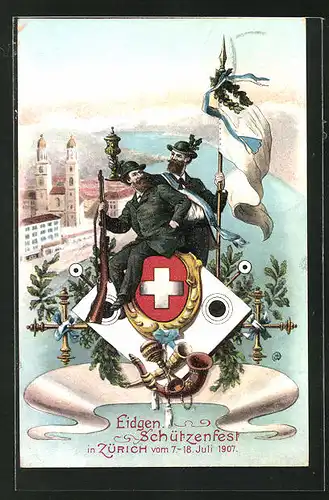 AK Zürich, Eidgen. Schützenfest 1907, Ortsansicht, Wappen