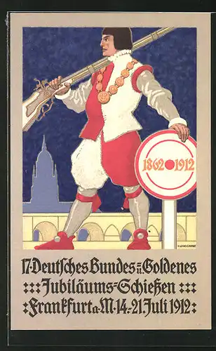 AK Frankfurt a. Main, 17. Deutsches Bundes & Goldenes Jubiläums-Schiessen 1912, Schütze mit Zielscheibe