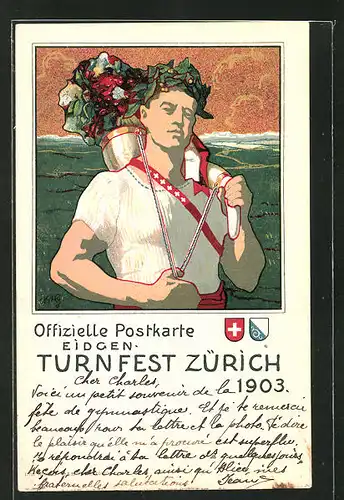Künstler-Lithographie Zürich, Eidgen. Turnfest 1903, Athlet mit Füllhorn