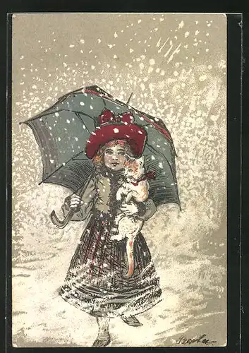 Präge-AK Mädchen im Schneetreiben mit ihrer Katze im Arm