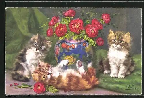 Künstler-AK Katzen mit teilweise zerrupften Blumen aus einer Vase