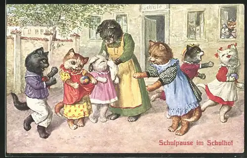 Künstler-AK Katzenkinder spielen während der Schulpause auf dem Schulhof