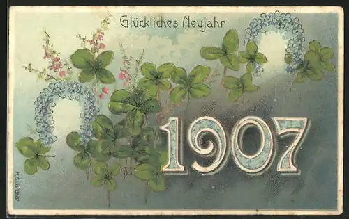 AK Jahreszahl 1907 mit Hufeisen und Klee, Glückliches Neujahr