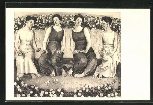 Künstler-AK Ferdinand Hodler: Heilige Stunde, Frauen mit Rosensträuchern, 1907