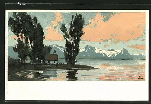 Künstler-AK Ernst Liebermann: Landschaft mit Bäumen und Kapelle am See