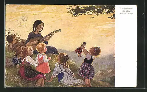 Künstler-AK Franziska Schenkel: Kinder mit Gitarre in der goldenen Abendsonne auf der Wiese