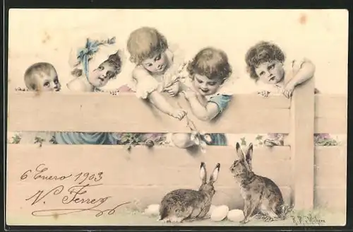 Künstler-AK Wichera: Kinder spielen mit Kaninchen am Zaun