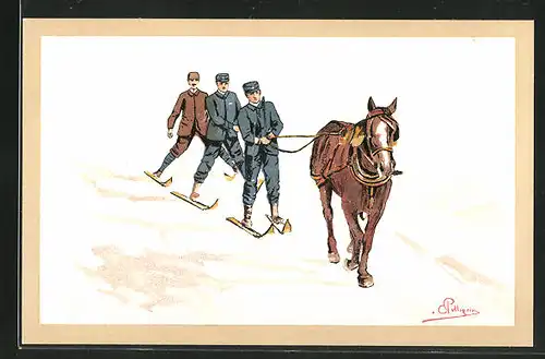 Künstler-AK Carlo Pellegrini: Männer auf Ski, werden von einem Pferd durch den Schnee gezogen