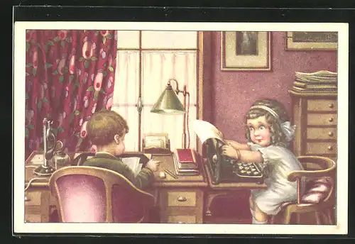 Künstler-AK A. Bertiglia: Mädchen sitzt an der Schreibmaschine und tippt einen Brief