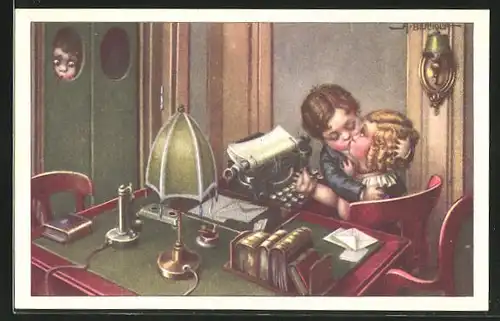 Künstler-AK A. Bertiglia: Mädchen an der Schreibmaschine bekommt einen Kuss