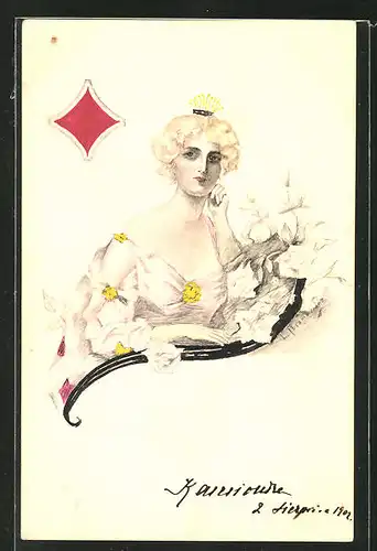 Künstler-AK Handgemalt: Karo-Dame mit blondem Haar - Kartenspiel