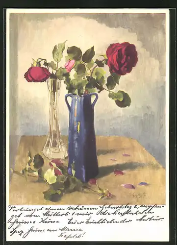 Künstler-AK Ernst Kreidolf: Rose, Stilleben, Bulmen in Vase
