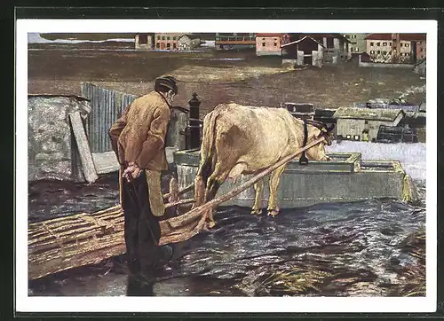 Künstler-AK Giovanni Segantini: Die Schneeschmelze, Bauer mit Rindergespann