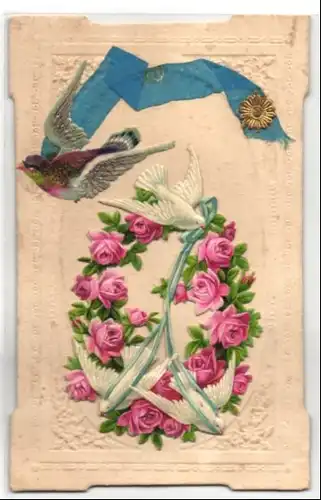 Oblaten-AK Weisse Tauben mit blauem Band und Rosenkranz