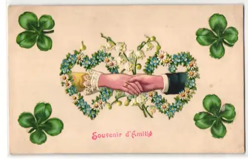 Oblaten-AK Händedruck eines Liebespaares im Blumenherz mit Kleeblättern