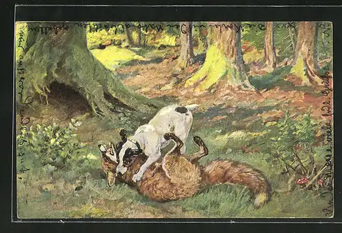 AK Fuchs und Hund spielen im Wald