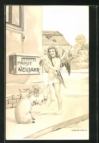 Lithographie Neujahrsengel und Glücksschwein vor einem Briefkasten mit Aufschrift Prosit Neujahr