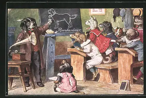 Künstler-AK Arthur Thiele: Hunde in Kleidung lernen in Schulklasse über Bernhardiner, Hund als Lehrer am Grammophon