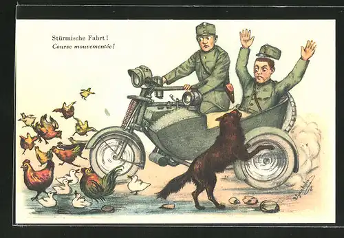 AK Sürmische Fahrt!, Zwei schweizer Soldaten in Uniformen auf einem Motorrad mit Hund und Hühnern