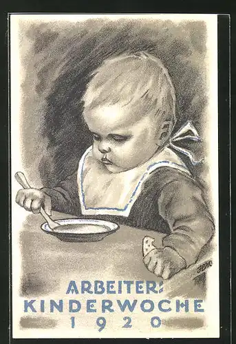 Künstler-AK Arbeiter-Kinderwoche 1920, Kleinkind mit Lätzchen beim Essen