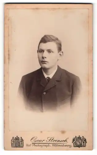Fotografie Oscar Strensch, Wittenberg, Portrait halbwüchsiger Knabe in Anzug