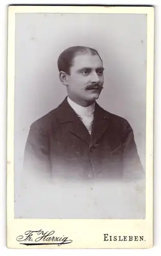 Fotografie Fr. Harzig, Eisleben, Portrait dunkelhaariger charmanter Mann im Anzug