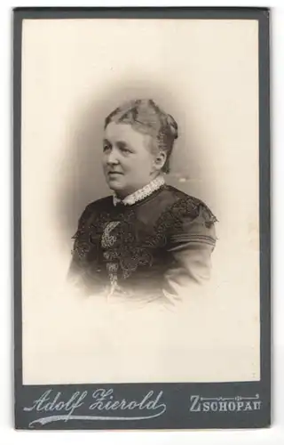 Fotografie Adolf Zierold, Zschopau, Portrait charmante ältere Dame mit Dutt in elegant bestickter Bluse