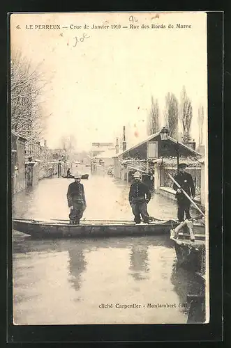 AK Le Perreux, Crue de Janvier 1910, Rue des Bords de Marne, Hochwasser, Feuerwehr